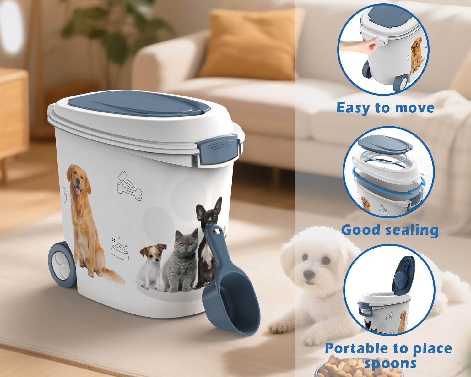 LEHOME Pet Food Storage Container with Wheels Resin 30LB Capacity Dog Food Container with Slow Feeder Bowl and Scoop Easy to Move to Keep Food Fresh for Dogs, Cats, Birds