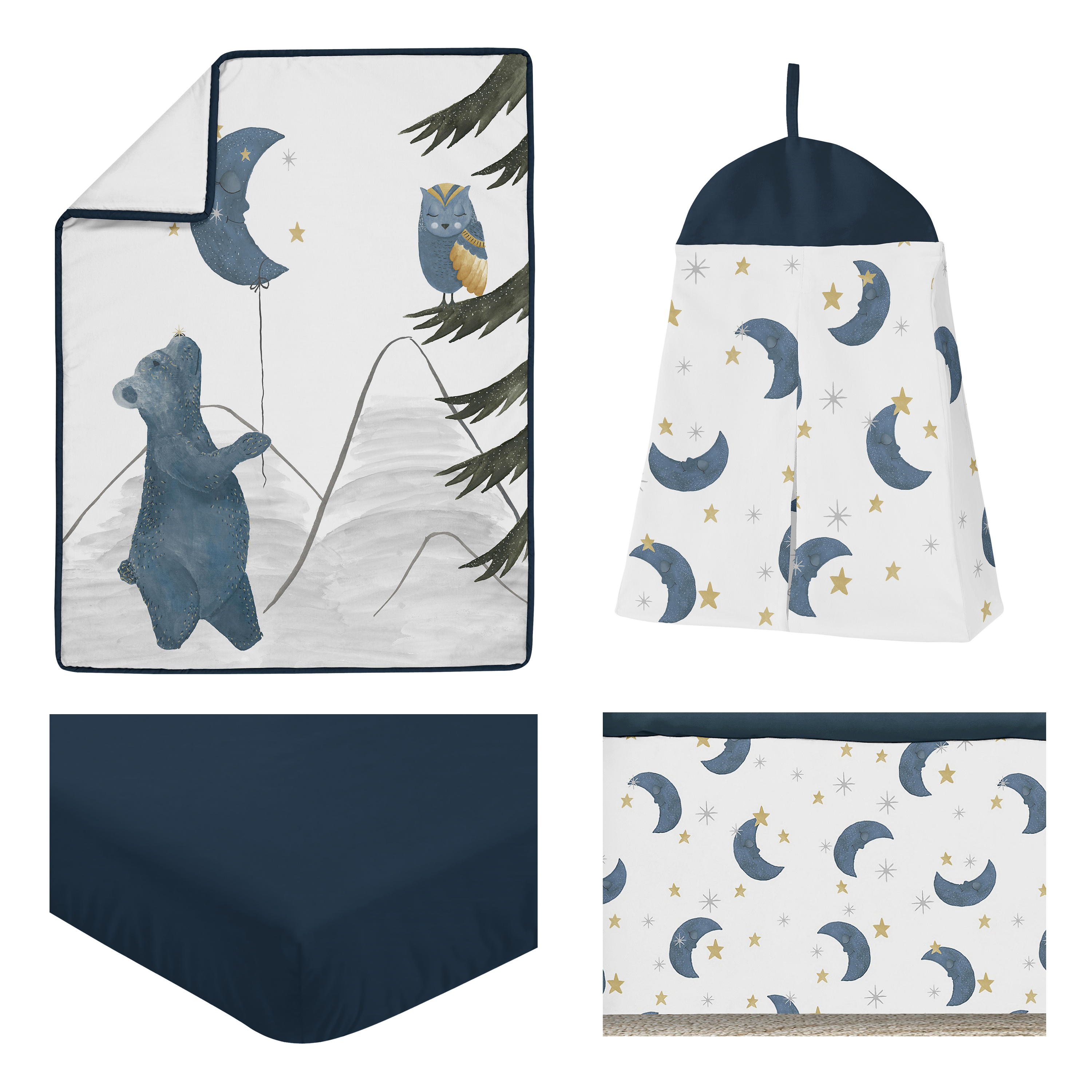 Sweet Jojo Designs Moon Bear Blue and Gold 4 Piece Crib Bedding Set