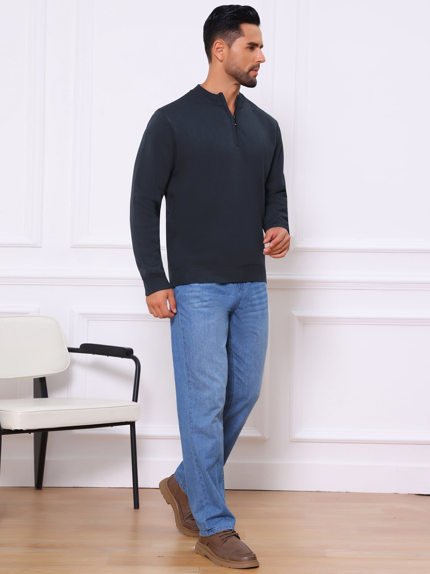 DARING DIVA Men's Mock Neck Pullover Quarter Zip Knitted Polo Sweater M Dark Blue