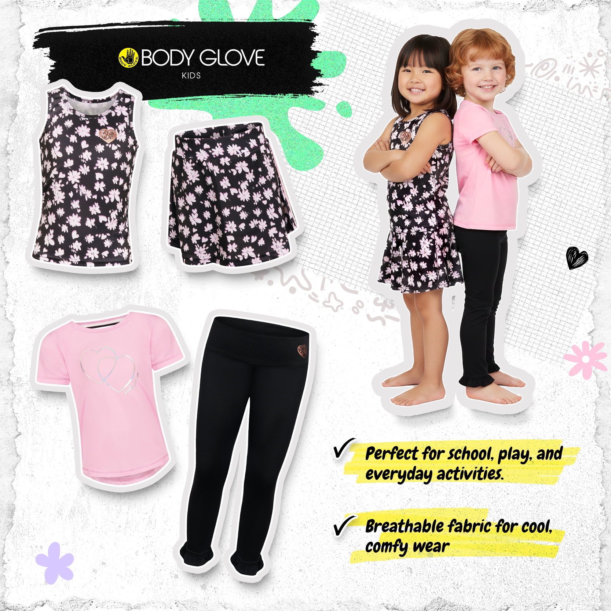 Body Glove Clothes Girls’ 4-Piece Active Outfit Set – Includes 2 Graphic Tees, Jogger Pants & Shorts, Comfortable Everyday Clothing for Toddler to Big Girls Sizes (2T-12)