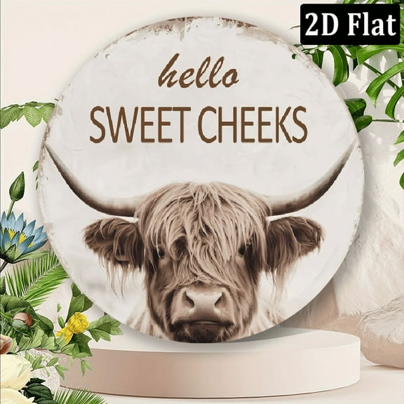 2D Flat Cow Bathroom Tin Sign Hello Sweet Cheeks Bathroom Wall Art Decor Farm Fence Restroom Home 8x8 Inch Round Aluminum Decor Sign 2D Flat