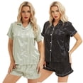 thumbnail image 3 of Fjuchai Satin Pajamas Outfit for Women, Short Sleeve Silk Pajama Set with Shorts Two Piece Pj Sets Solid Colours Button-Down Sleepwear Loungewear S-XL, 3 of 7