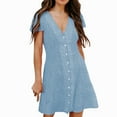 thumbnail image 1 of B91xZ Robes Décontractées pour Femmes 2024 Robe Midi à Manches Courtes à Volants Col Rond Taille Élastique Smockée, Bleu Clair m, 1 of 5