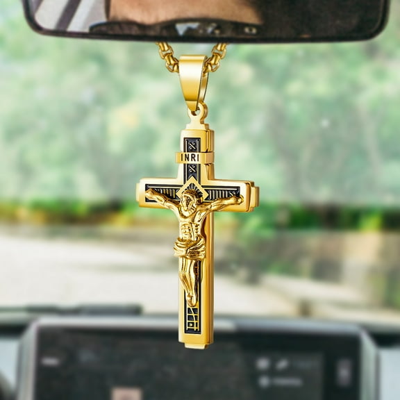 Cross for Car Pendant Charm Rear View Mirror Lord's Prayer Necklace Stainless Steel Jesus Cross Charm for Automobiles Car Hanging Accessories Ornament (gold)