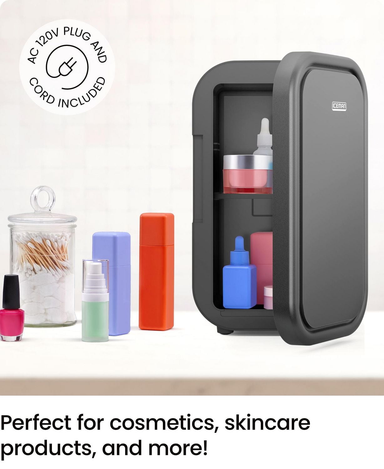 ICEMAN Portable Mini Fridge w/ 8 355 ml (12oz) Can Capacity, Cools and Heats, Car Plug Included - Black, New