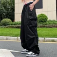 thumbnail image 3 of Pantalones de chándal holgados de estilo hip hop para mujer, con bolsillos grandes, cintura alta y cordón, estilo harén, 3 of 5