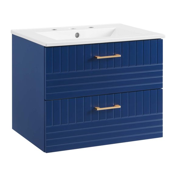 Wall Mount 2 Drawer Bathroom Vanity with Ceramic Sink Blue and White Saltoro Sherpi