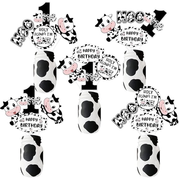 24 Pieces Cow First Birthday Decorations - Holy Cow Im One Centerpiece Sticks, Moo Moo 1st Birthday Table Toppers for Boy Girl, Farm Animal Cow Print Birthday Party Supplies
