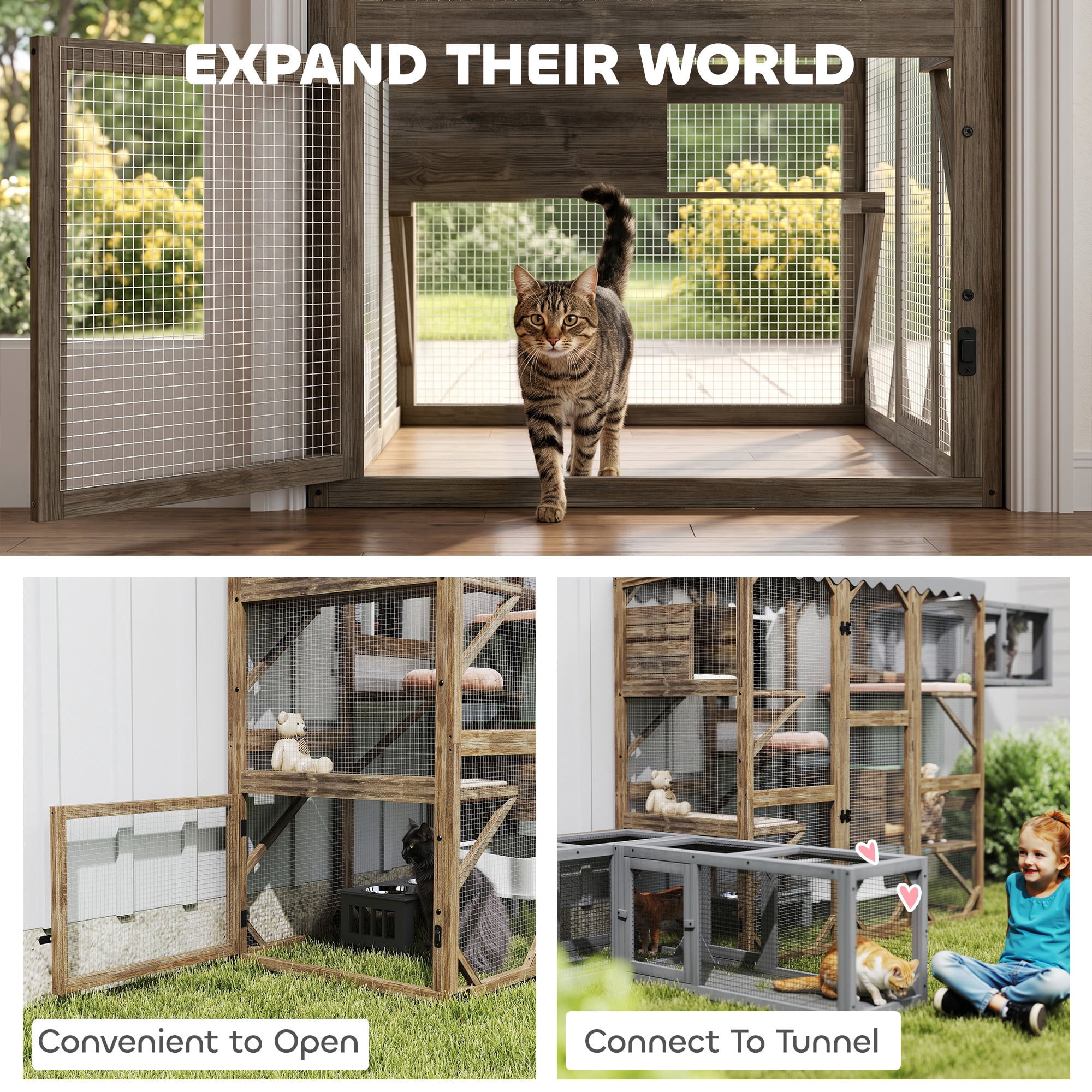 PawHut Catio Outdoor Cat Enclosure, Wooden Cat House with Window Access, 5 Platforms and 2 Resting Boxes, Waterproof Roof for Multiple Cats, Brown