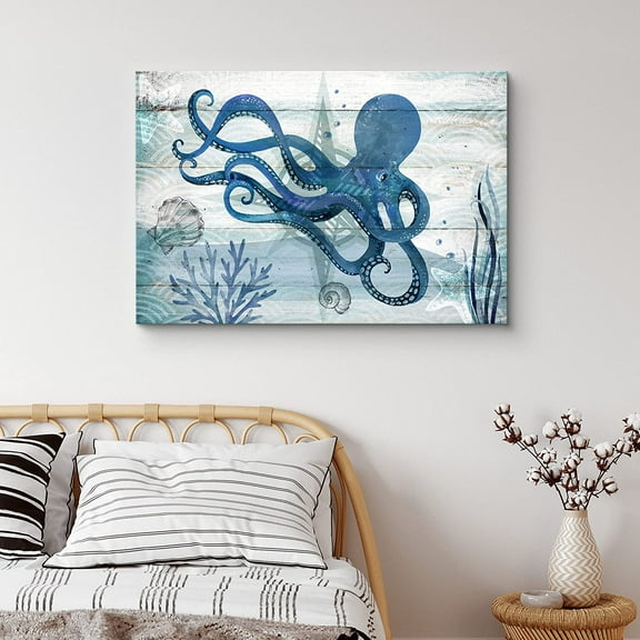 PixonSign Canvas Print Wall Art Octopus Under The Sea Amphibians Beach Illustrations Modern Art Nautical Colorful Blue Ultra for Living Room, Bedroom, Office - 32"x48"