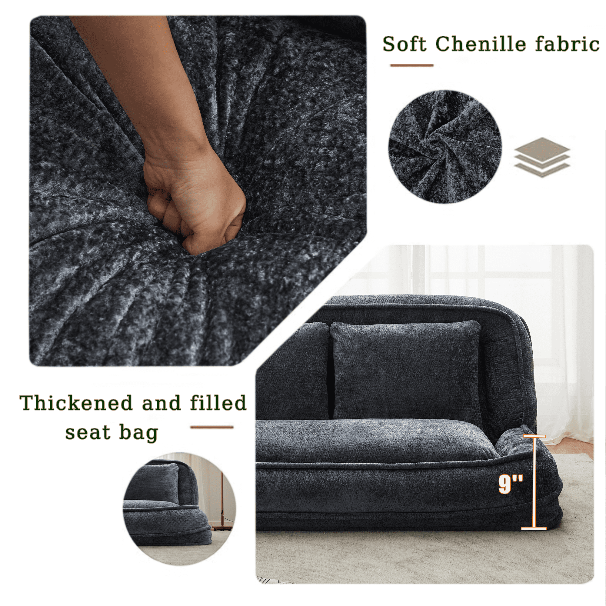 ZephyPaws Double Human Dog Bed,Extra Large Floor Couch with 5 Adjustable Position,Foldable Lazy Sofa Bed with Plump Pillow,2-in-1 Loveseat Couch Fits You & Pets, Plush Chenille,Gray
