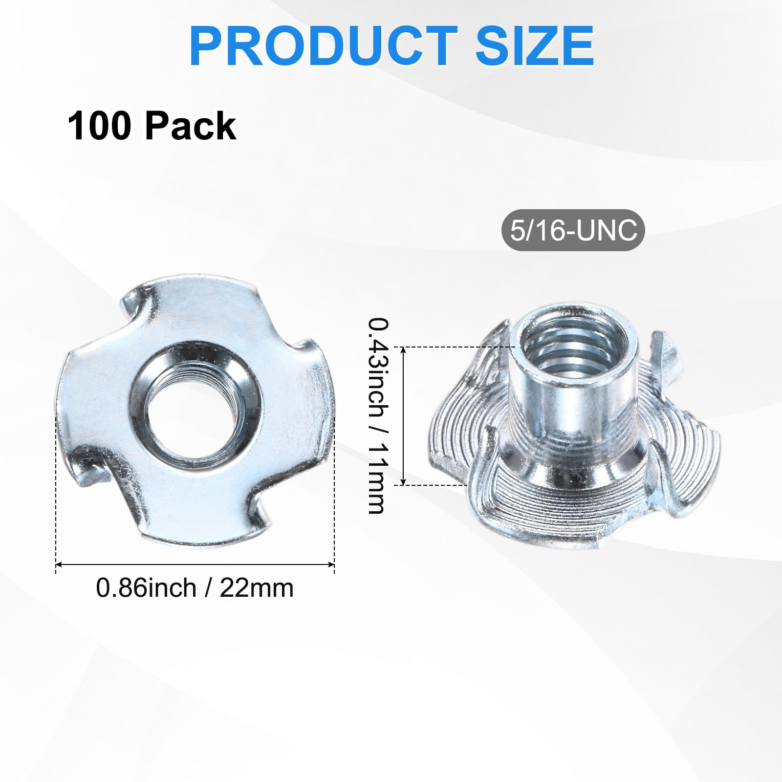 Uxcell 100-Pack 5/16-UNC T-nut, 3/8" Barrel Length Carbon Steel4-Pronged Tee Nut Threaded Insert Corrosion Resistant Fasteners