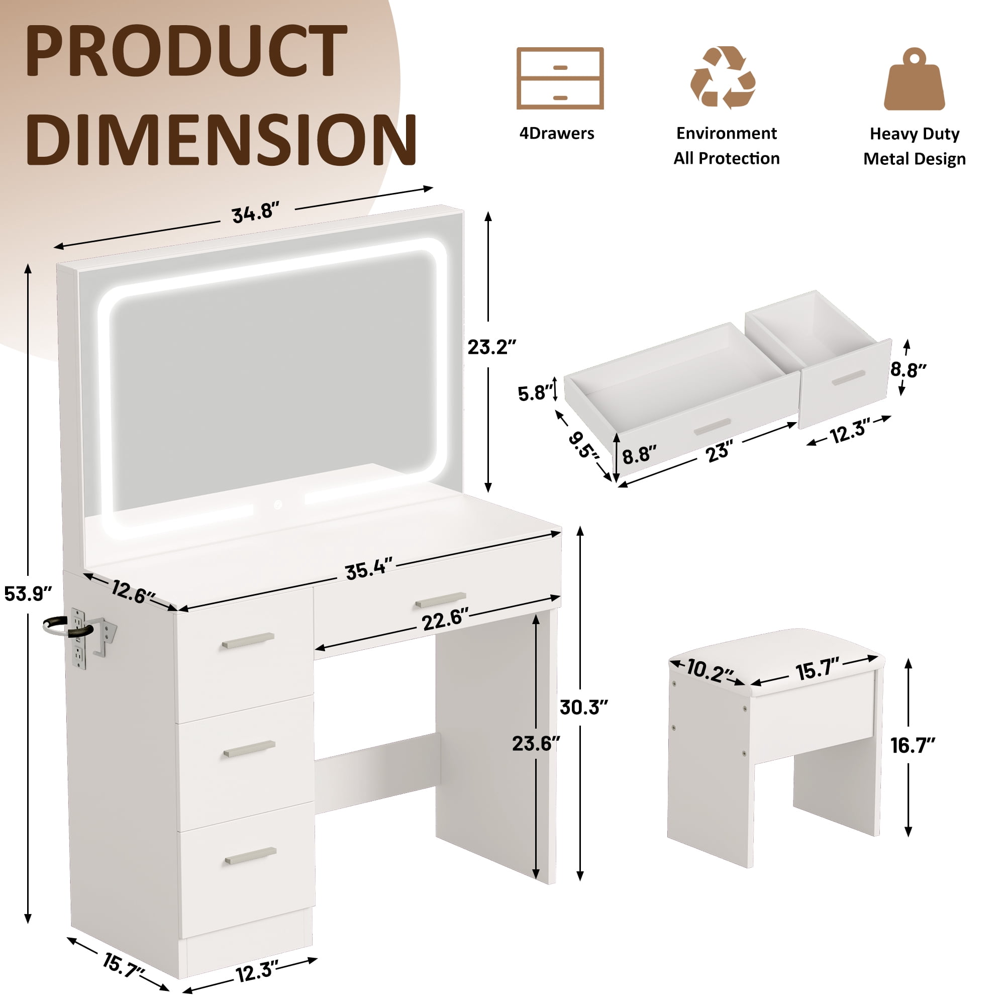 LIVELYGLOW Smart LED Vanity Desk with Stool, Dimmable Lighted Mirror, Built-in Power Outlets & USB Ports, Spacious Drawer Makeup Table for Bedroom,White