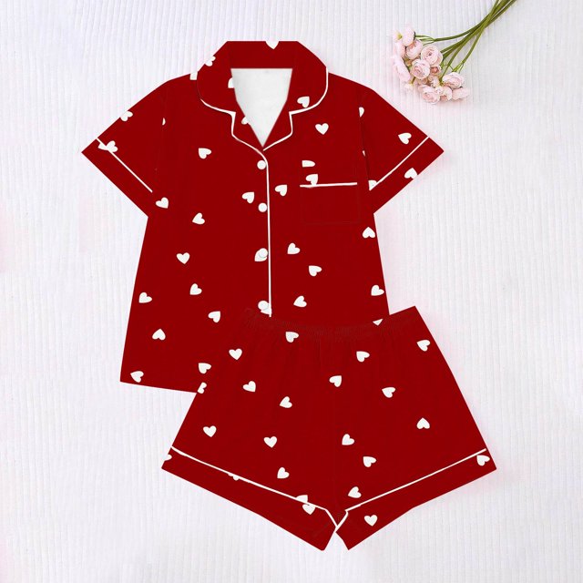 uublik Kids Pajama Set 2-13 Years Short Sleeve 2PCS Sleepwear Cute Button Down Pjs Set Classic Lounge Sets Red