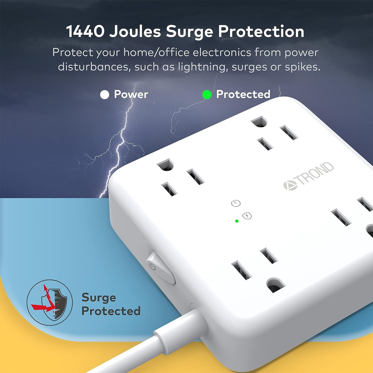 TROND Power Strip Surge Protector with USB, 5ft long Extension Cord for 3 USB and 4 AC Outlets, White