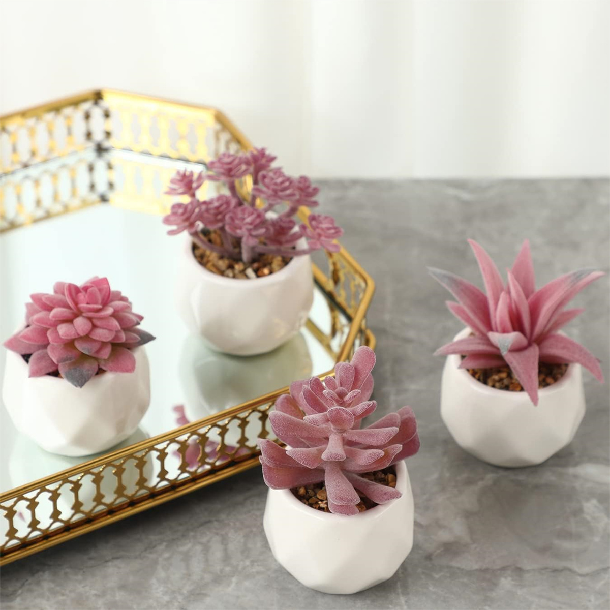 Happon 4Pcs Succulent Artificial Plants,Mini Fake Succulents Plants with Pots,Small Fake Plants for Office Decor,Desk Decor,Home Decor,Indoor Fake Simulation Plants with Pots(Pink)