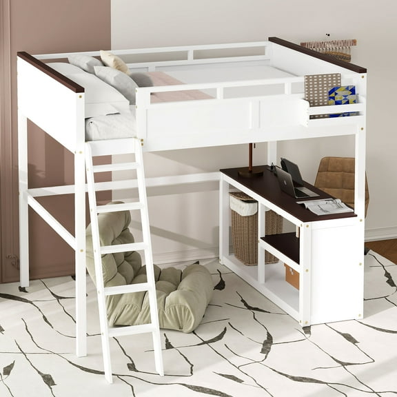 Queen Size Loft Bed w/ Desk & Storage, White - Solid Wood Frame, 84"x83" Bedroom Furniture, Space-Saving Design, Study Area, Open Shelves for Home Use