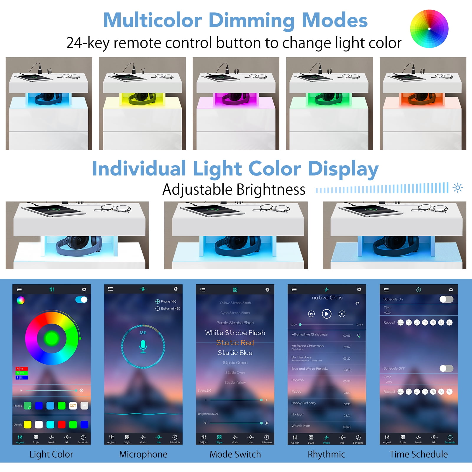 Hommpa Modern LED Nightstand with Charging Station USB Type C 3 Drawer Bedside Table High Gloss White Smart Nightstands End Side Table for Bedroom