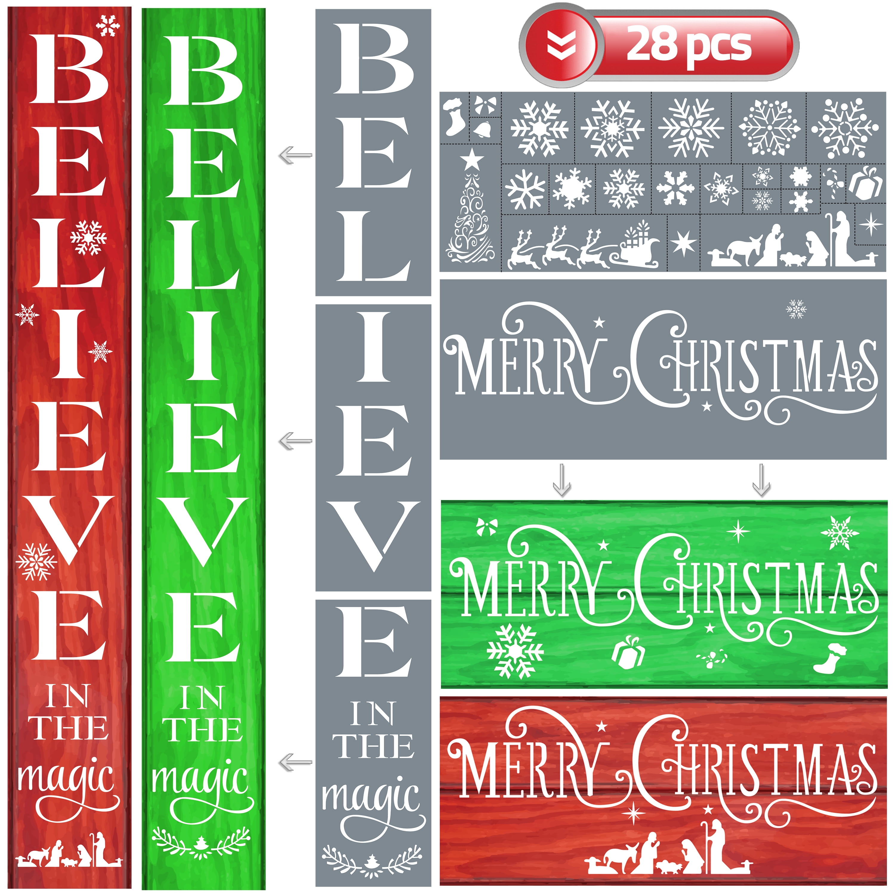 Christmas Stencils for Painting Reusable Stencils BELIEVE, MERRY CHRISTMAS for Unique Winter
