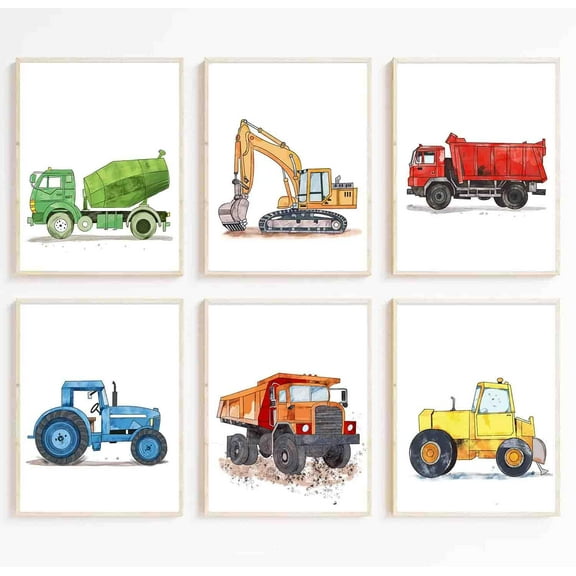 Watercolor Construction Trucks Wall Art Prints,Construction Vehicle Nursery Prints,Colorful Cartoon Construction Car Canvas Prints for Boys Room Decor,Decor,Set of 68x10inch Unframed