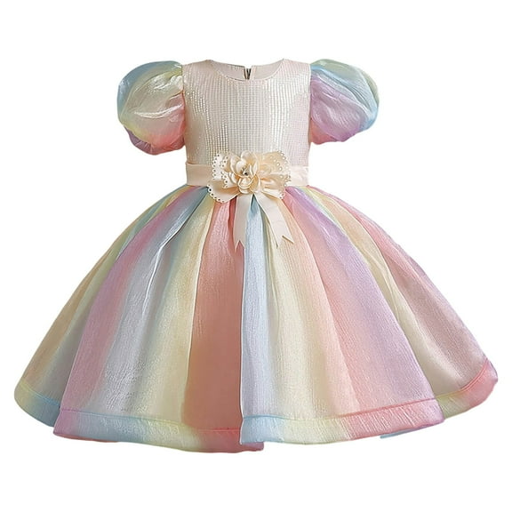 Princess Dress Girls Birthday Easter Dress Flower Fairy Tale Mesh Puff Sleeve Tutu Mesh Layered Flowy Gowns Bowband Ruffled Frocks Night Dress #Beige 4-5 Years