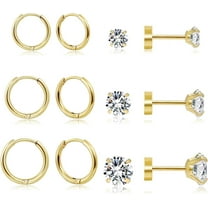 Cterwk 6 Pairs Earrings Sets, Lightweight 14K Gold Plated Small Huggie Hoop Earrings, Flat Back Ball CZ Stud Earrings for Women Men