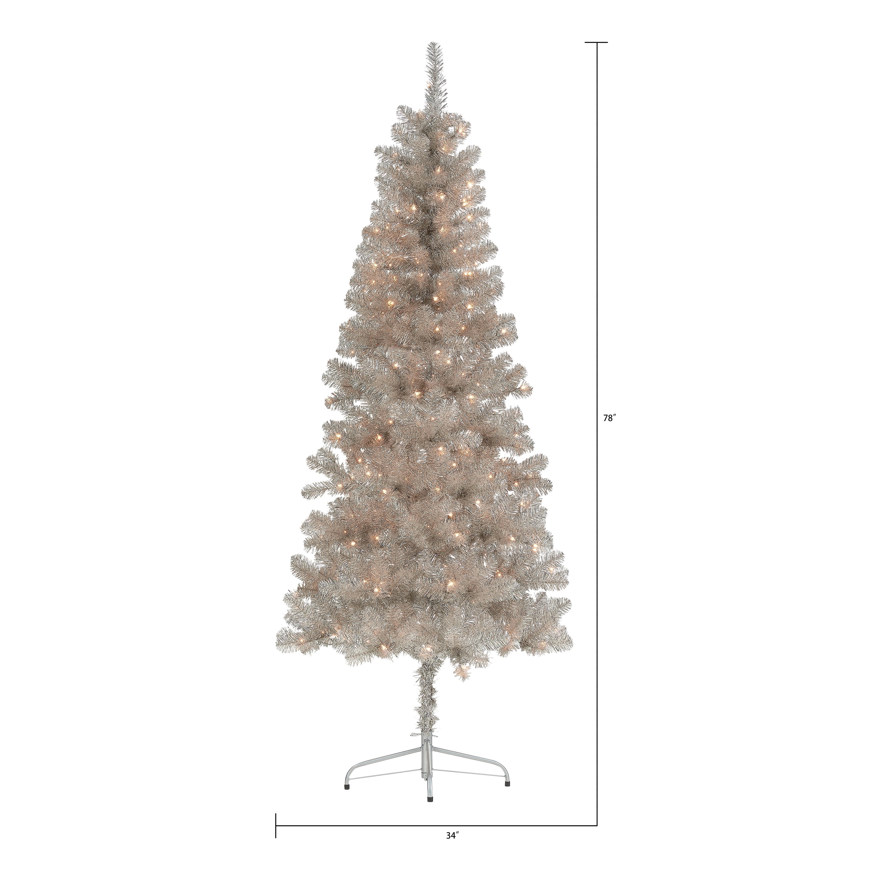 HOLIDAY TIME ROSE GOLD TINSEL CHRISTMAS TREE 4 FOOT PRE-LIT 50 LIGHTS SILVER