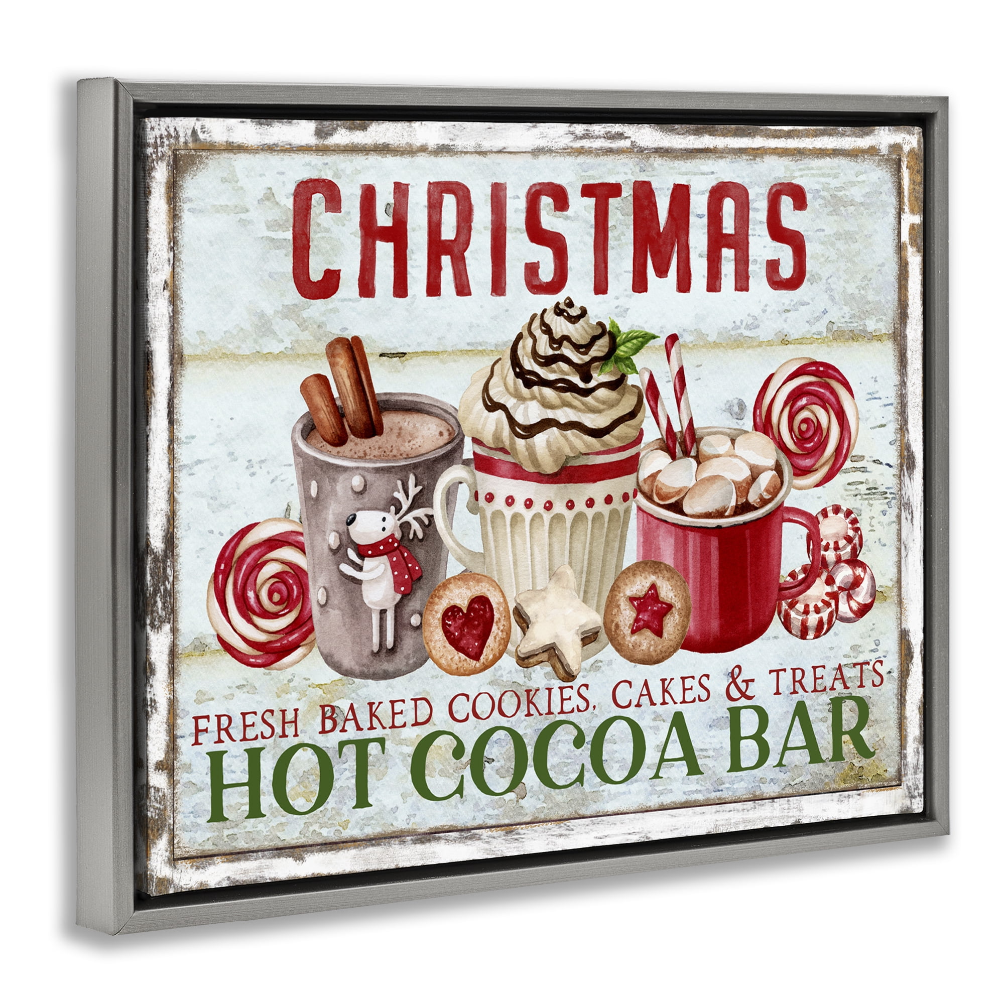 Stupell Industries Festive Hot Chocolate Holiday Painting Gray Floater Framed Canvas Art Prints Wall Art, 21 x 17