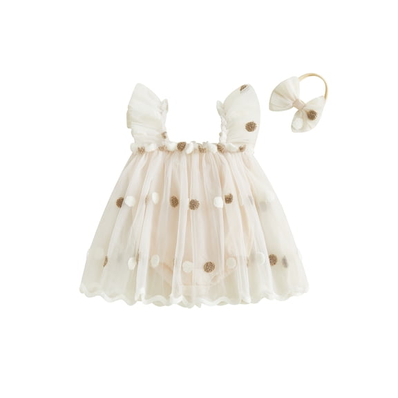 Newborn Baby Girl Summer Princess Romper Dress Decorative Plush Ball Jumpsuit Tutu Tulle Dress and Bow Headband First Birthday Outfit