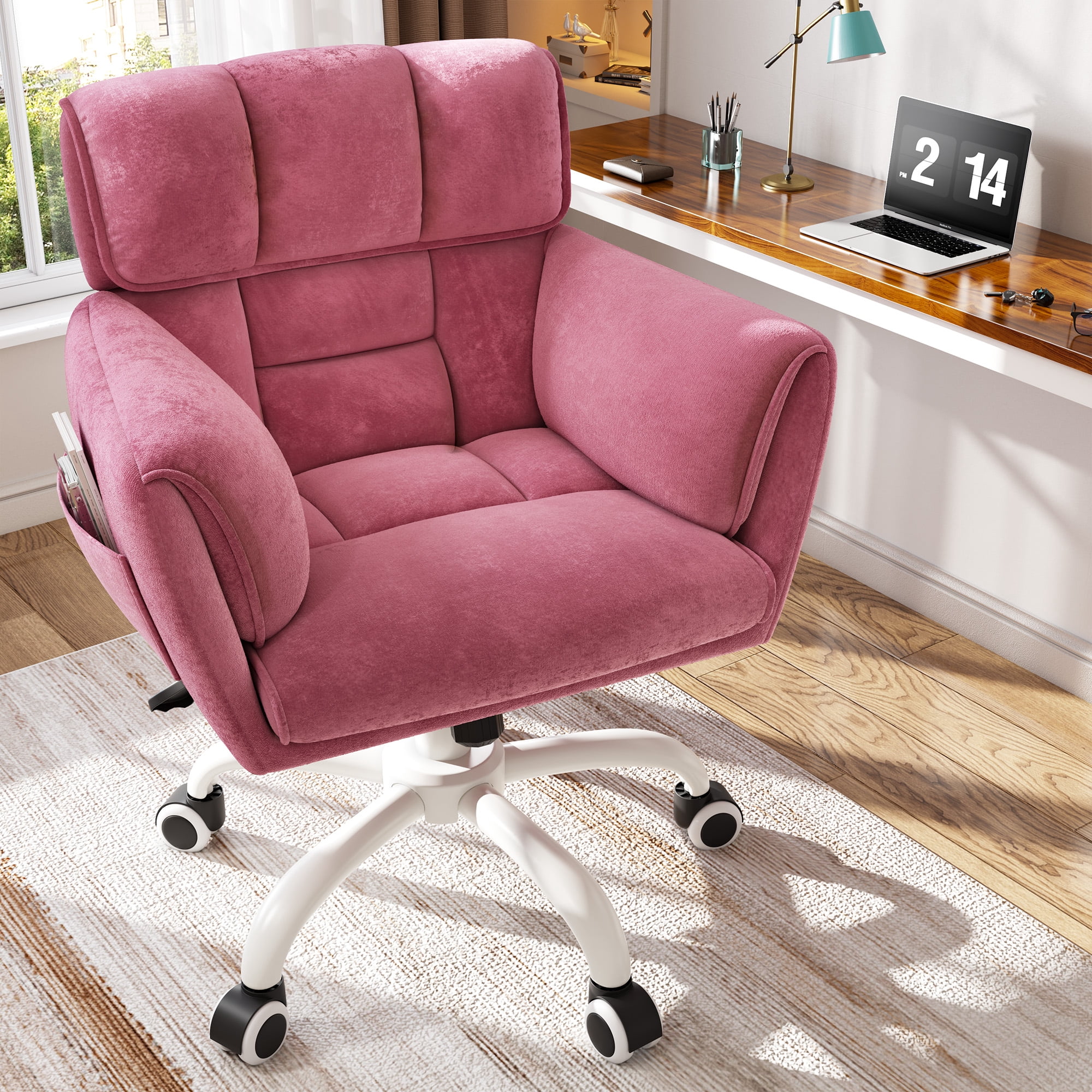 Romorgniz Adjustable Office Chair with Wheels, Soft-Touch Upholstered Desk Chair with Side Pockets, Ergonomic Vanity Chair for Bedroom, Home Office, Pink