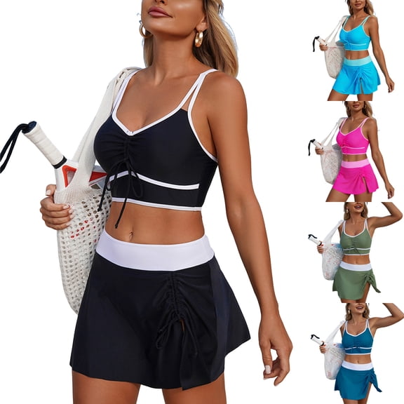 GEWSEY High Waisted Sporty Bikini Sets for Women Ruched Lace Up Bikini Tops & Swim Skirts 2 Piece Bathing Suits Swimsuit (Black, XXL)