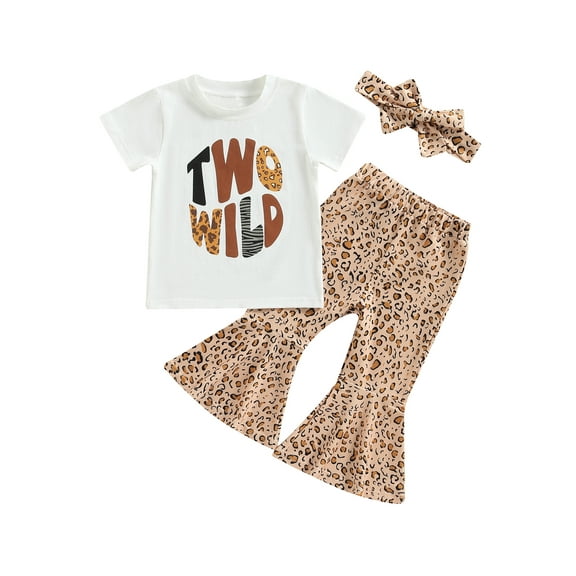 Bagilaanoe 3pcs Toddler Baby Girl Long Pants Set Letter Print Short Sleeve T-Shirts Tops   Leopard Flare Trousers   Headbands 12M 18M 24M 3T 4T 5T Kids Casual Outfits