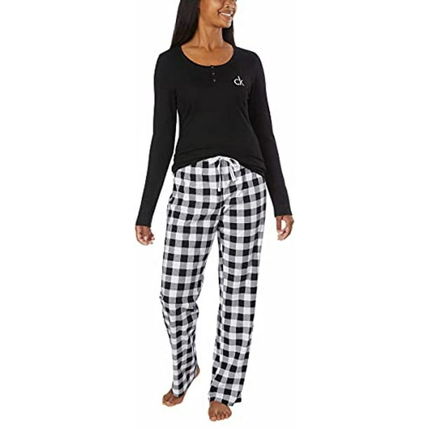 Calvin Klein Womens 2 Piece Fleece Pajama Set (Black/Buffalo Check, Large)  