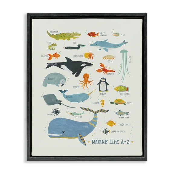 Stupell Industries Marine Life ABC Alphabet Education Painting Black Floater Framed Canvas Art Print Wall Art, 17 x 21