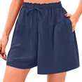 thumbnail image 1 of Ovticza Womens Linen Shorts 2025 Summer Drawstring Ruffle Elastic High Waist Solid Color Casual Beach Shorts with Pockets Dark Blue S, 1 of 7