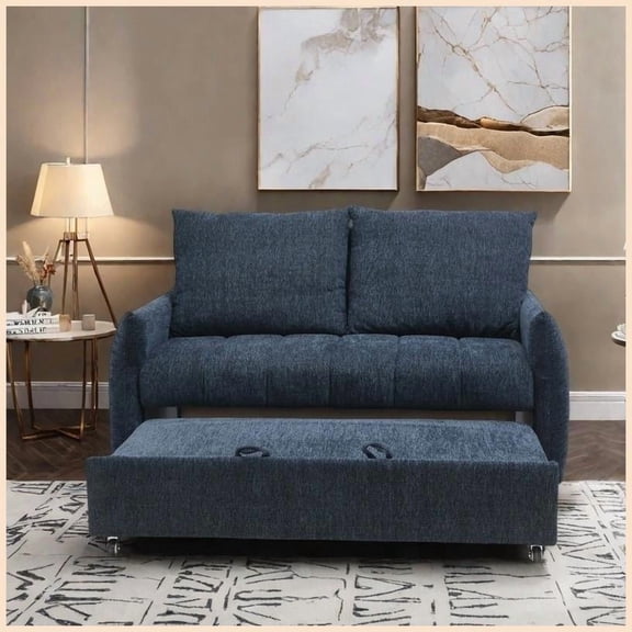 57.48" Modern Navy Chenille Loveseat Sofa Bed with Adjustable Backrest for Living Room
