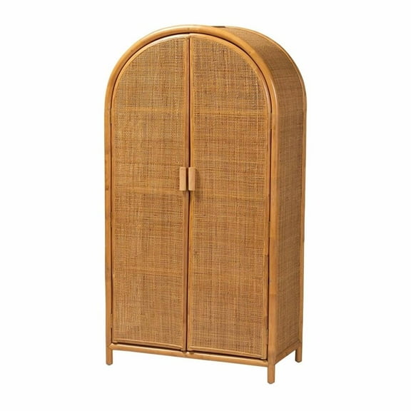 Pemberly Row Modern Bohemian Light Honey Rattan Large Storage Cabinet