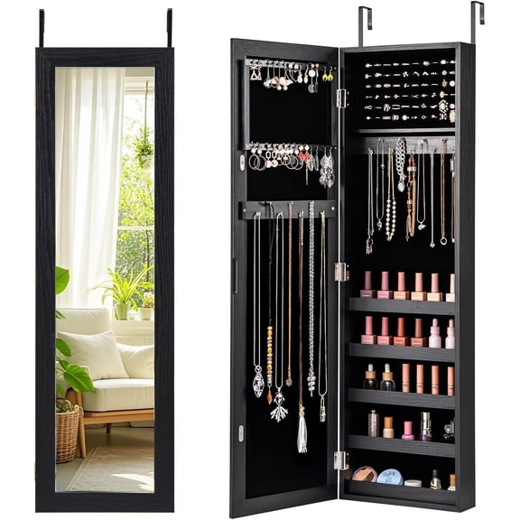 Alpinel Wall or Door Mounted Jewelry Cabinet with Full Length Mirror, Over The Door Jewelry Armoire Organizer, Hanging Storage Cabinet with Necklace Hooks, Earring Slots, Ring Slots & Shelves (Black)