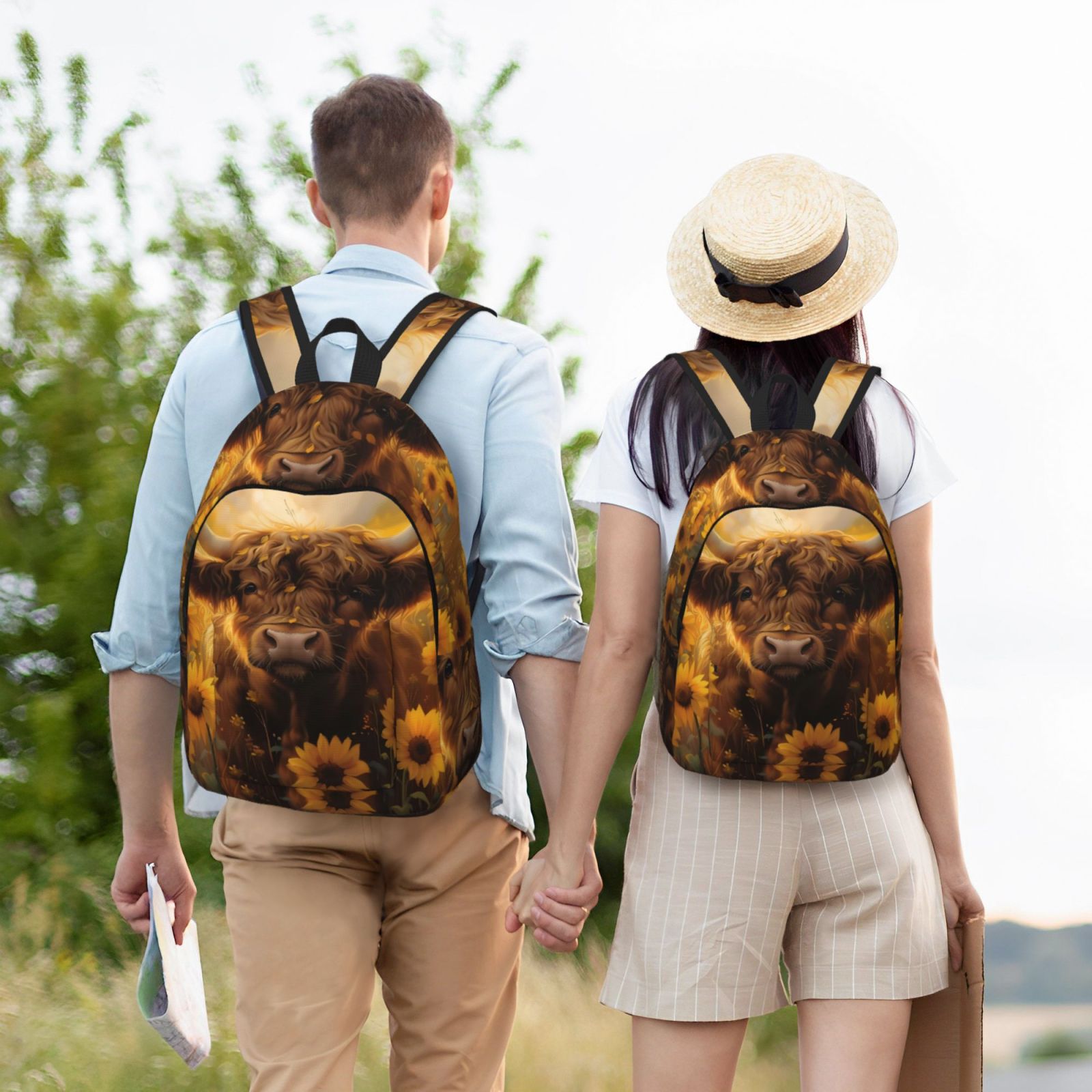 Vsdgher Cute Cow Sunflower Field Print Canvas Backpack Travel Rucksack Unisex Knapsack 15.7/17.7Inch Laptop Backpack for Work,College -Small
