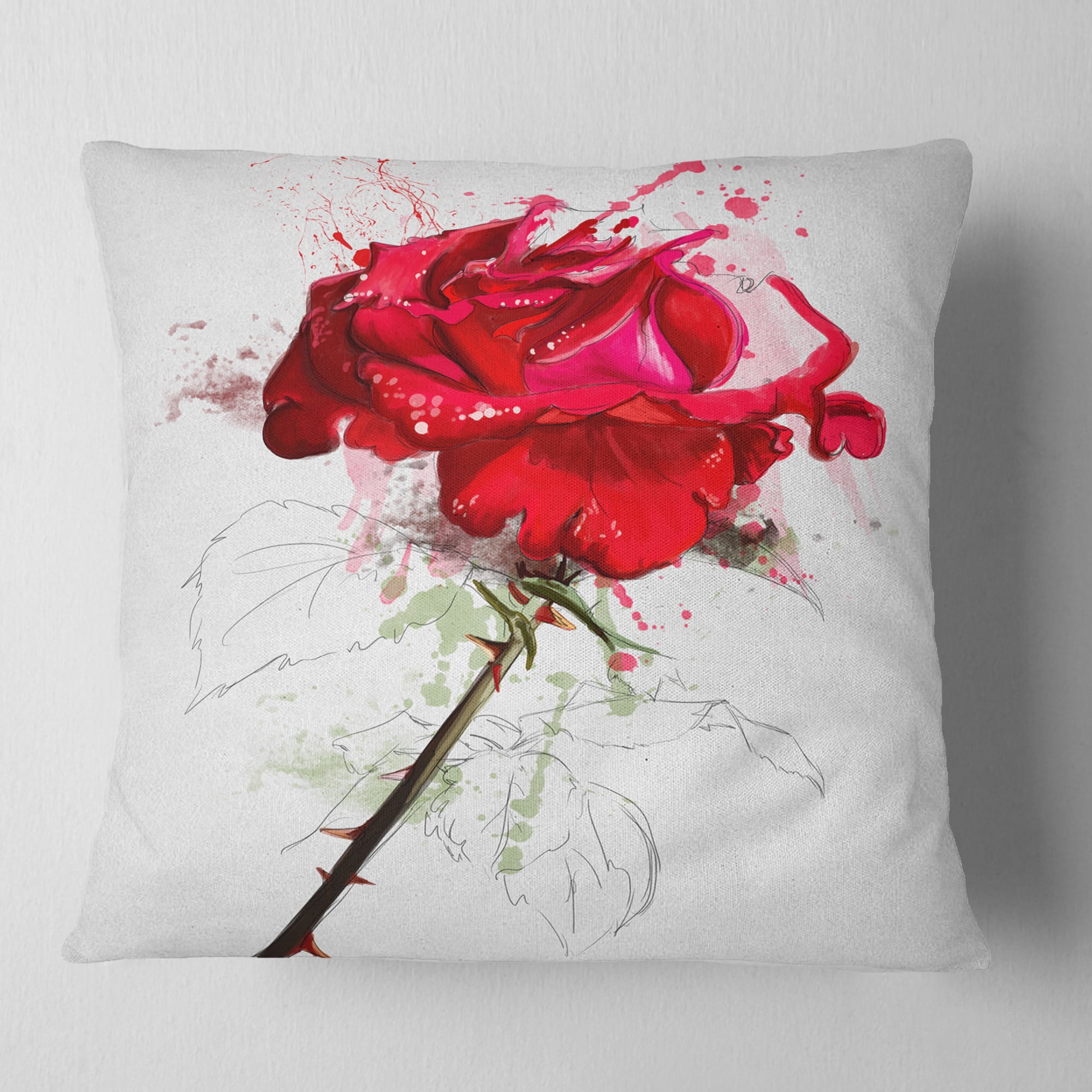 Designart Rose Sketch with Stem on White - Flower Throw Pillow - 16x16