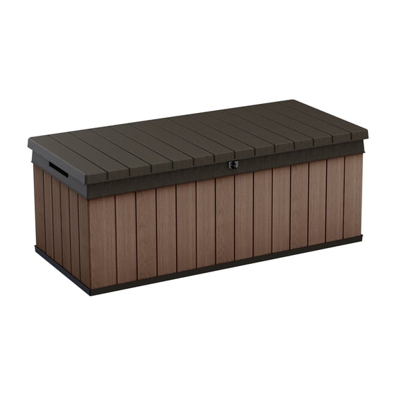 Keter Darwin 100 Gallon Resin Large Deck Box - Organization and Storage for Patio Furniture, Outdoor Cushions, Garden Tools and Pool Toys, Brown