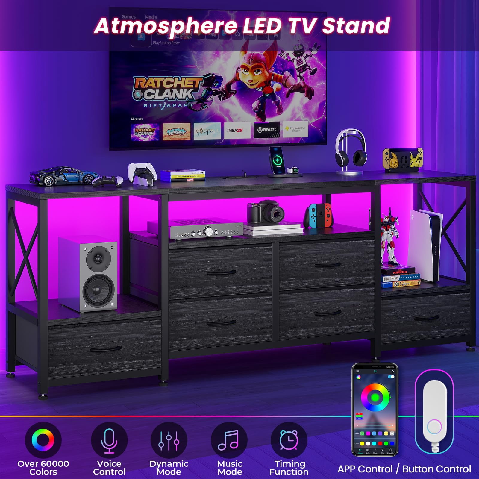 LED TV Stand for 75 Inch TV, Entertainment Center with LED Light & Power Outlets,63" TV Stand with 6 Fabric Drawers for Bedroom,Charcoal Black