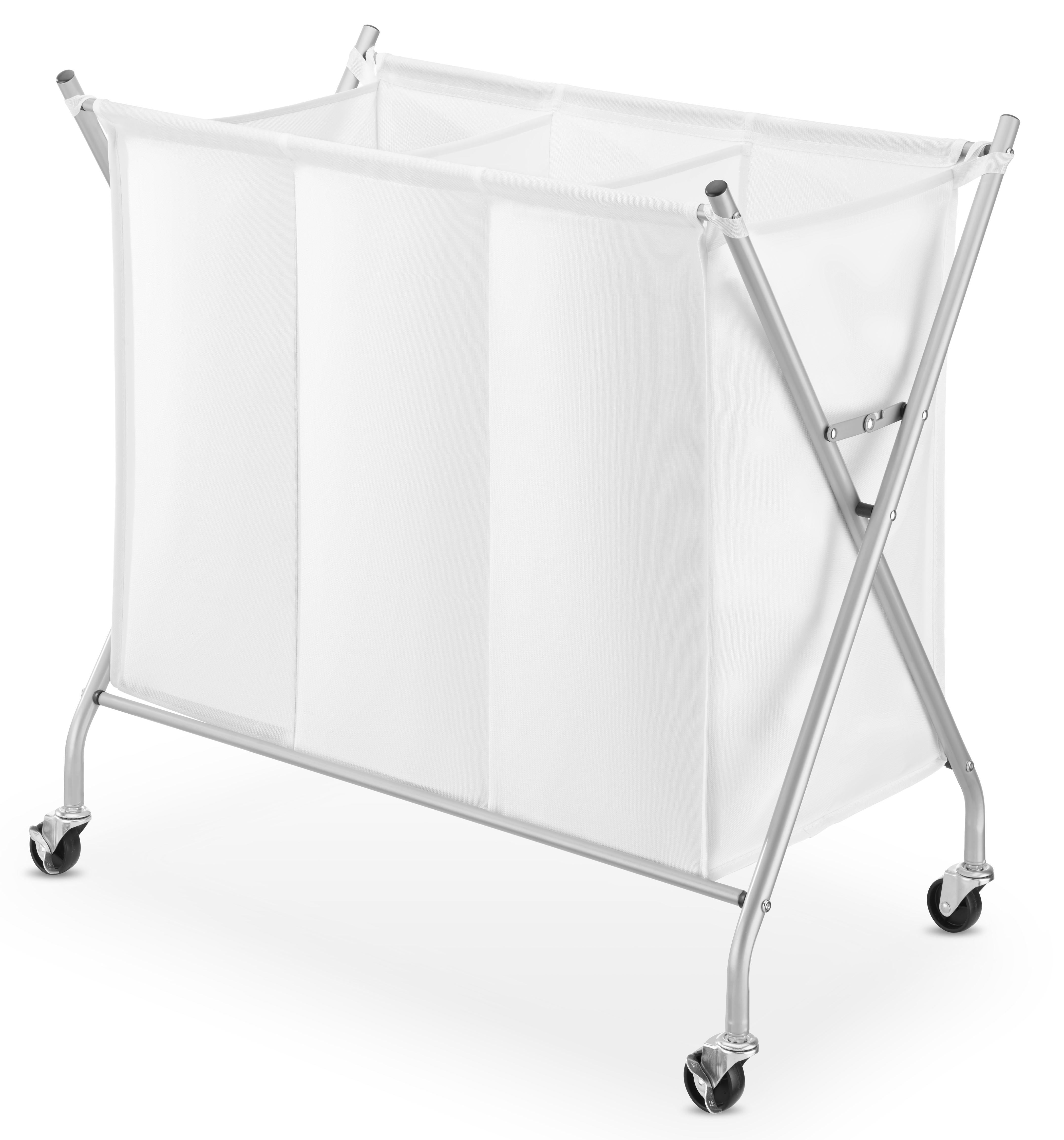 Whitmor 3-Section Rolling Laundry Sorter, Metal Frame with Fabric Laundry Bag, Silver/White