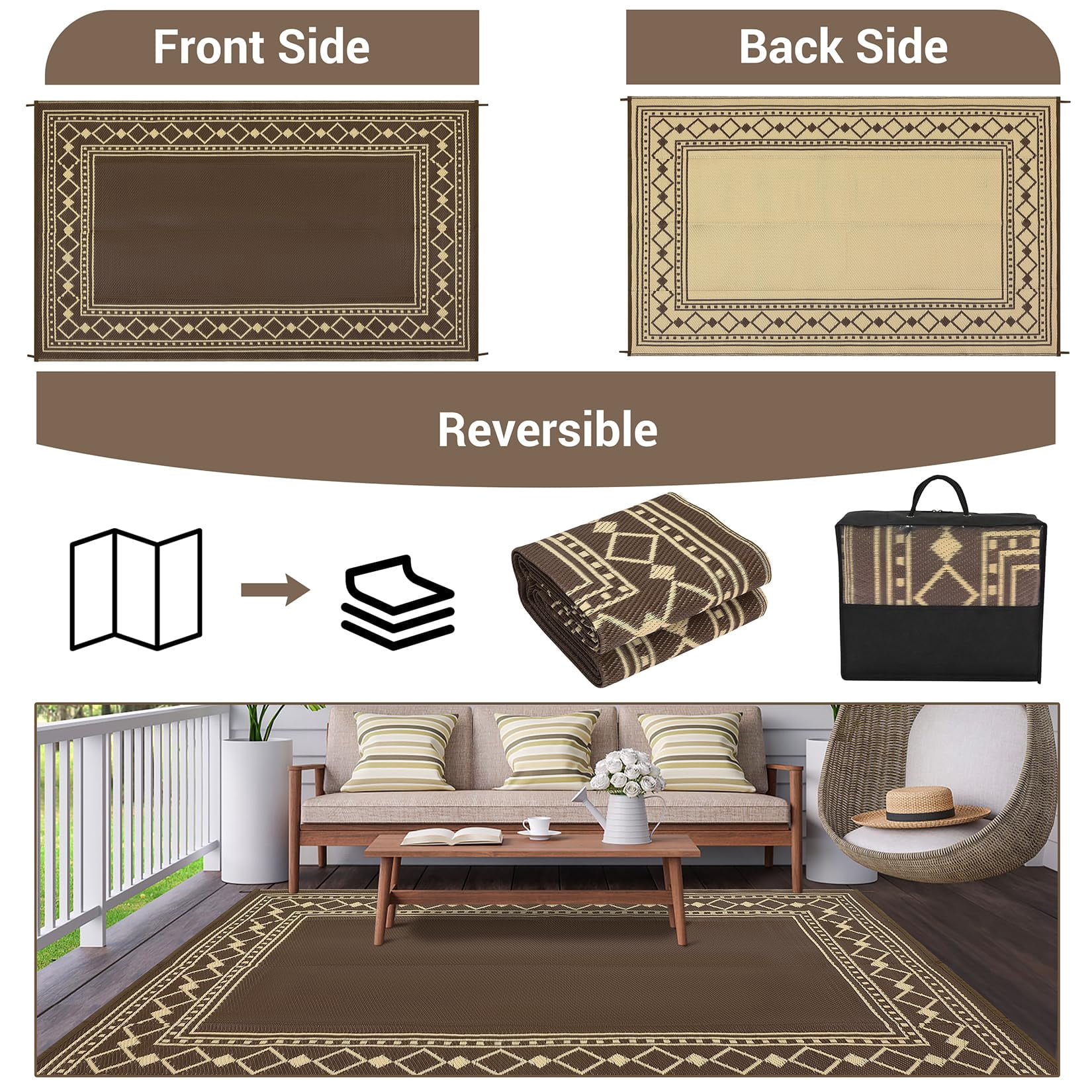 Outdoor Rug 8x10 Plastic Straw Rug Waterproof Patio Rug,Reversible Rug,Foldable Lightweight Outdoor Carpet with Storage Bag,4 Stakes,Outdoor Mat Reversible Camping Carpet Camping Mat for Deck,Garden