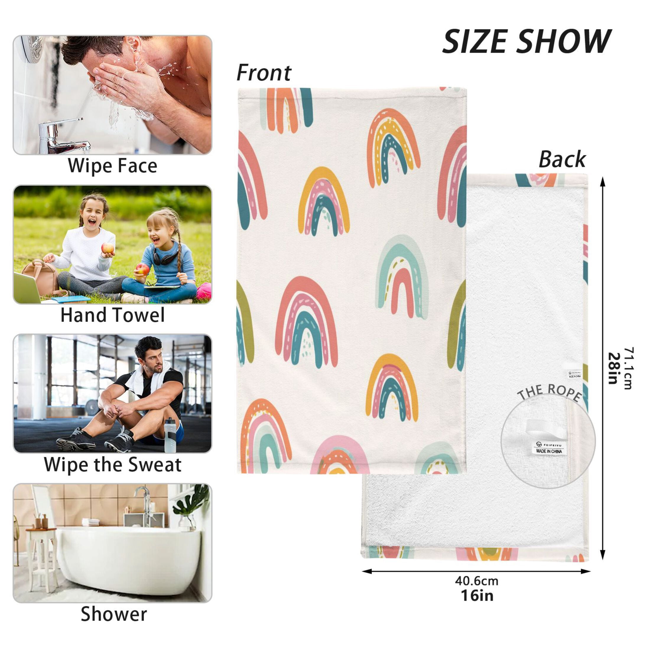 2 Pieces of Cotton Towel Face Towel Set Hand Towel Bath Towel Cotton Bath Towel Sets Colorful Cartoon Rainbow Pattern