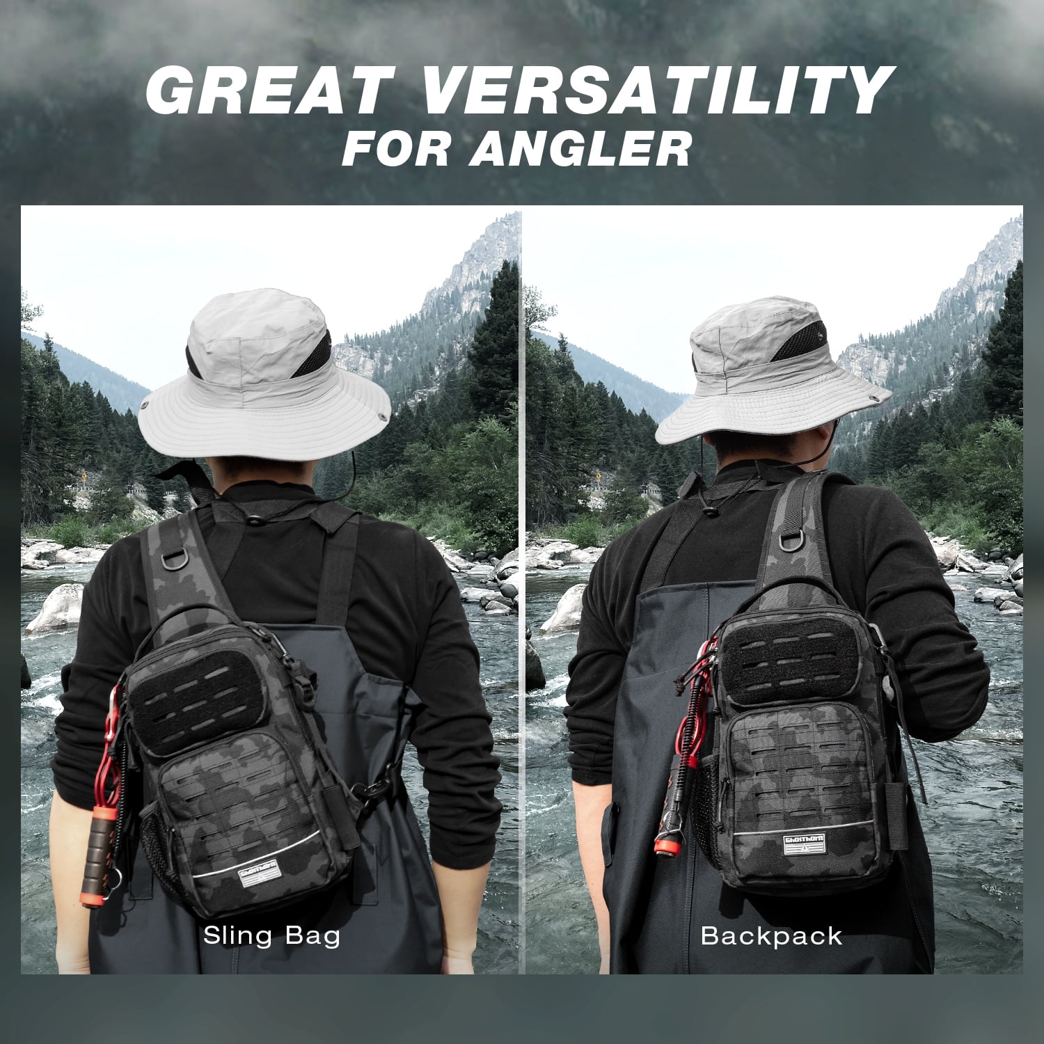 Ghosthorn Fishing Backpack Tackle Sling Bag -Lightweight Sling Tackle Storage Bag- Fishing Backpack with Rod Holder