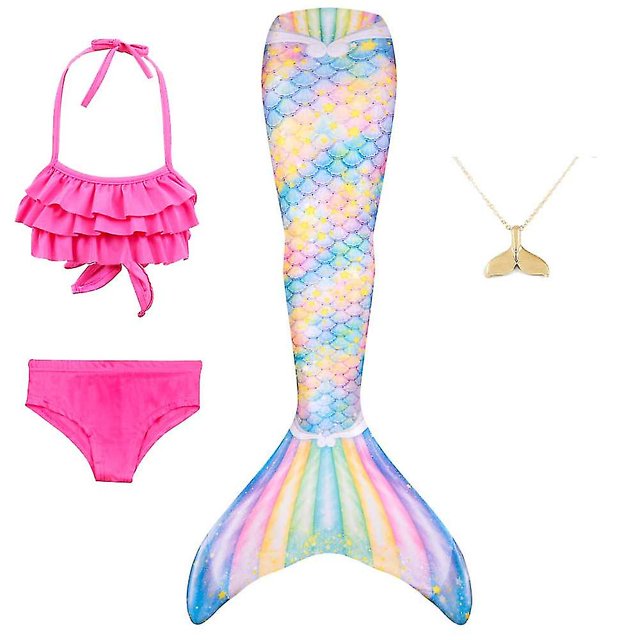 Traje de baño de cola de sirena para niñas y niños, 5 piezas, collar, sombrero para el sol, disfraz de anime para Halloween, 130, sin juego de aletas 17