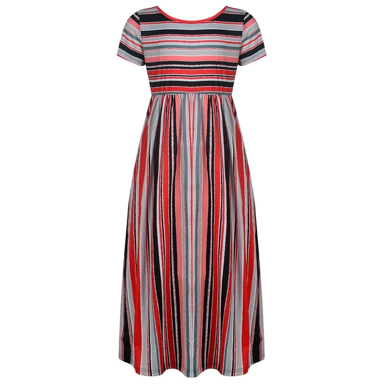 LIJCC Kid Girl's Loose Short Sleeve Striped Smocked Scoop Neck Elastic  Sleeve Midi Dress Floral Print Loose Casual Light Airy Long Maxi Dress with  Pockets - Walmart.com