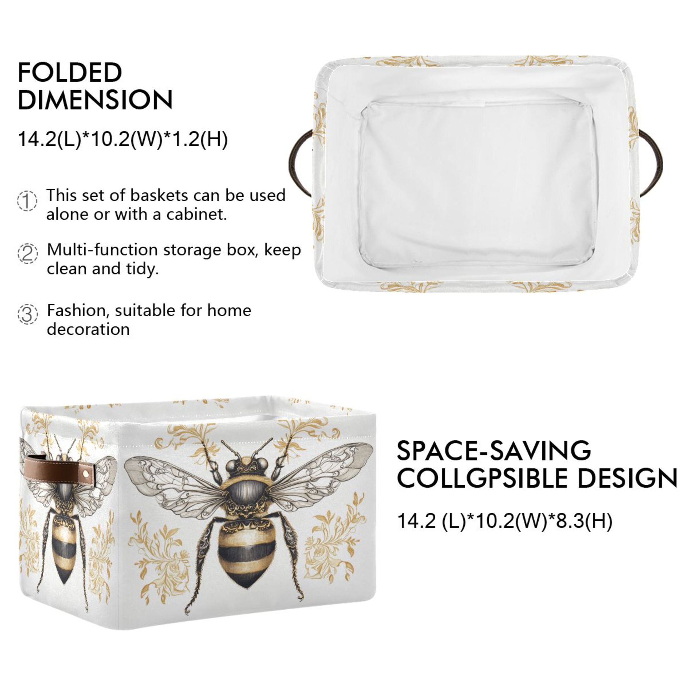Bee with Ornate Patterns Foldable Storage Basket,Canvas Fabric Foldable Storage Bins with Handles Open Home Storage Bins Boxes for Toy Book Shelf Closet Baskets