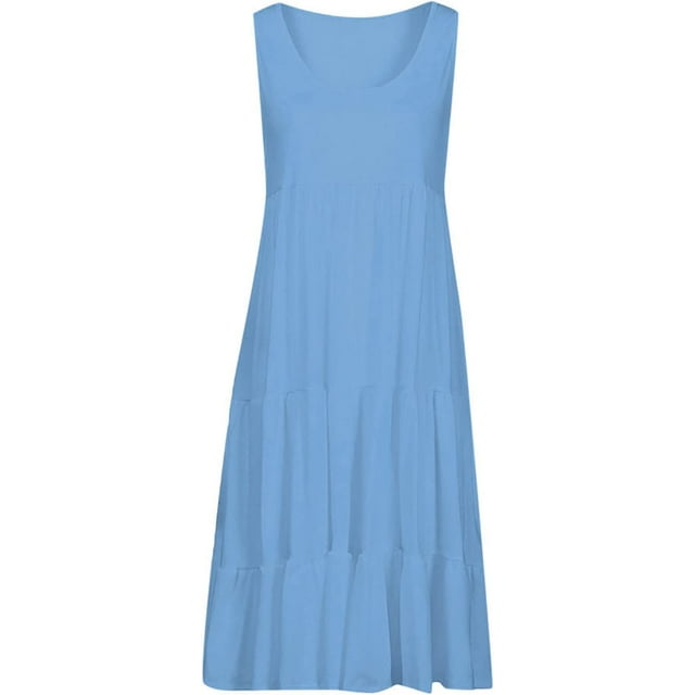 Robes d'Été pour Femmes Décontractées Robe d'Été Col Rond Plissé Épaule Froide Couleur Unie Sans Manches Maxi Robe Bleu Ciel 4TG